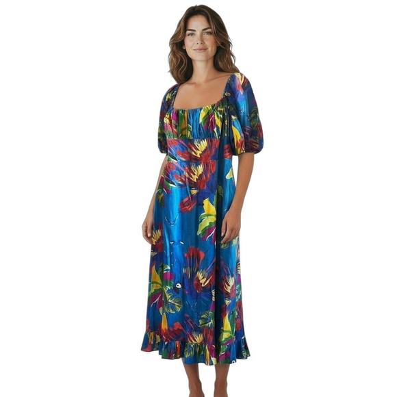 House of Harlow Dresses & Skirts - House of Harlow 1960 Large Tropical Parrot Linen Midi Dress Puff Sleeve Blue
